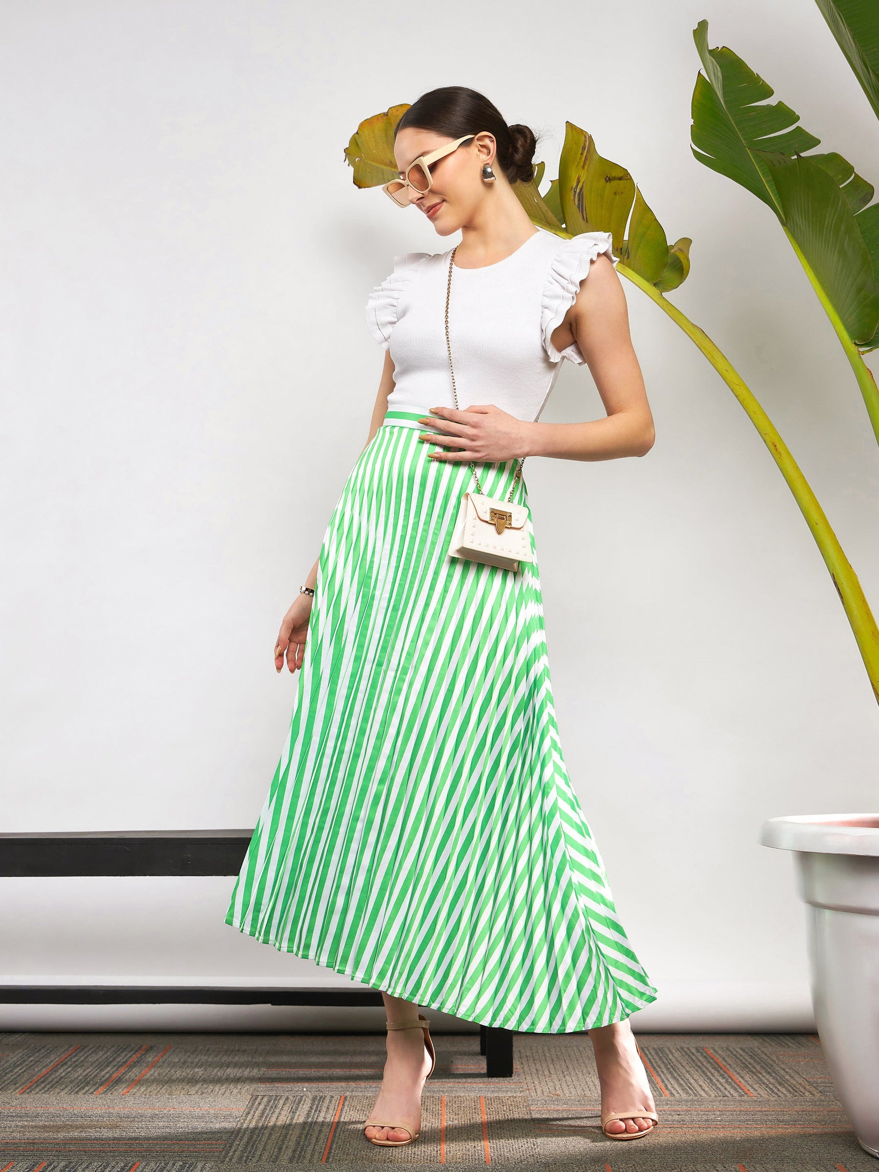 Green & White Satin Striped Accordion Pleated Maxi Skirt -SASSAFRAS