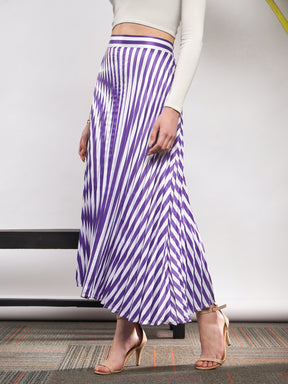 Purple & White Satin Striped Accordion Pleated Maxi Skirt -SASSAFRAS