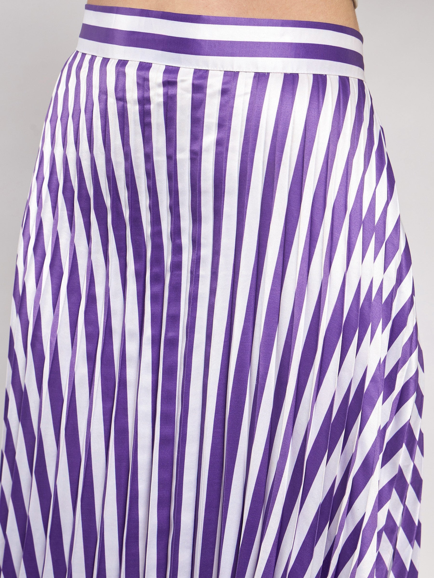 Purple & White Satin Striped Accordion Pleated Maxi Skirt -SASSAFRAS