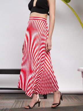 Red & White Satin Striped Accordion Pleated Maxi Skirt -SASSAFRAS