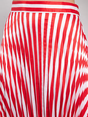 Red & White Satin Striped Accordion Pleated Maxi Skirt -SASSAFRAS