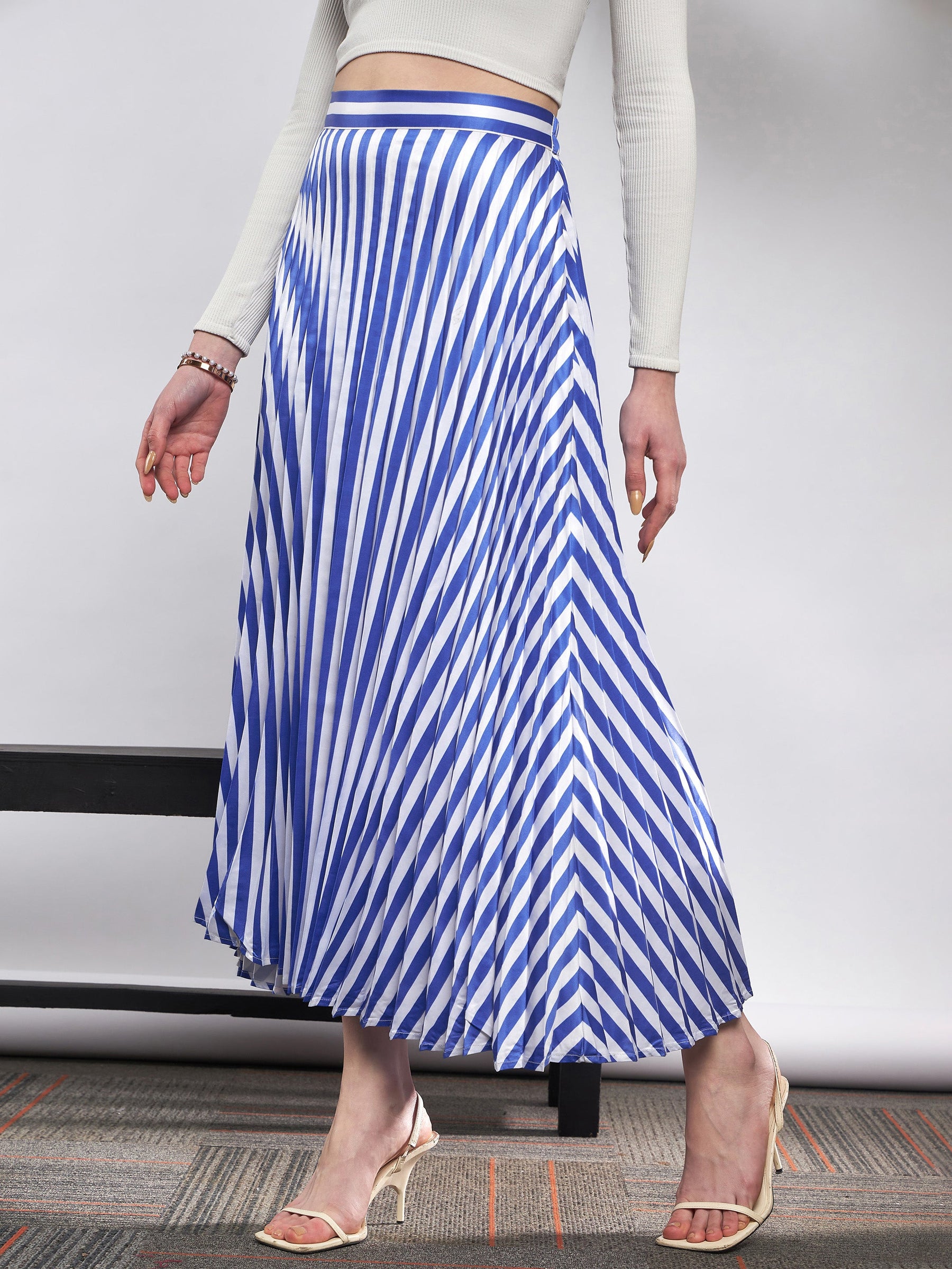 Blue & White Satin Striped Accordion Pleated Maxi Skirt -SASSAFRAS