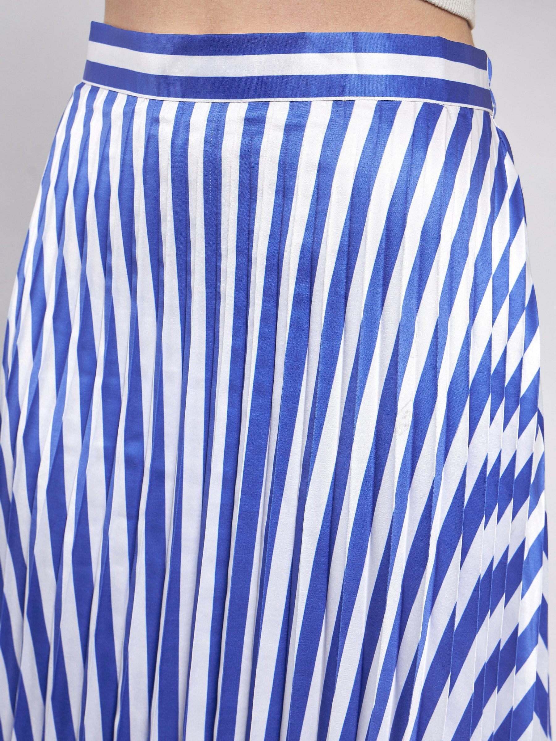 Blue & White Satin Striped Accordion Pleated Maxi Skirt -SASSAFRAS