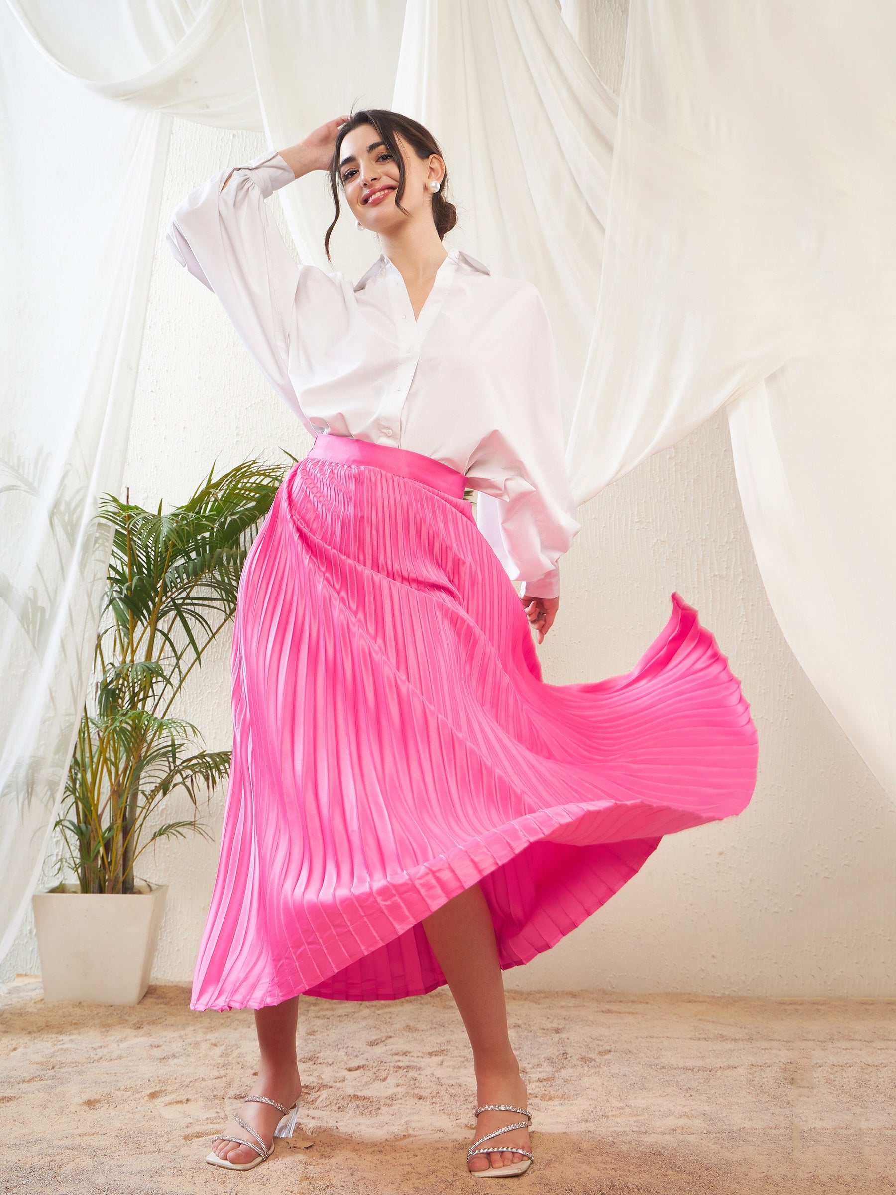 Pink Satin Accordion Pleated Maxi Skirt-SASSAFRAS