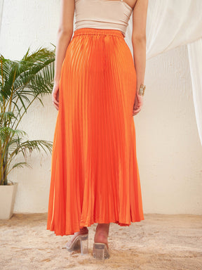 Orange Satin Accordion Pleated Maxi Skirt-SASSAFRAS