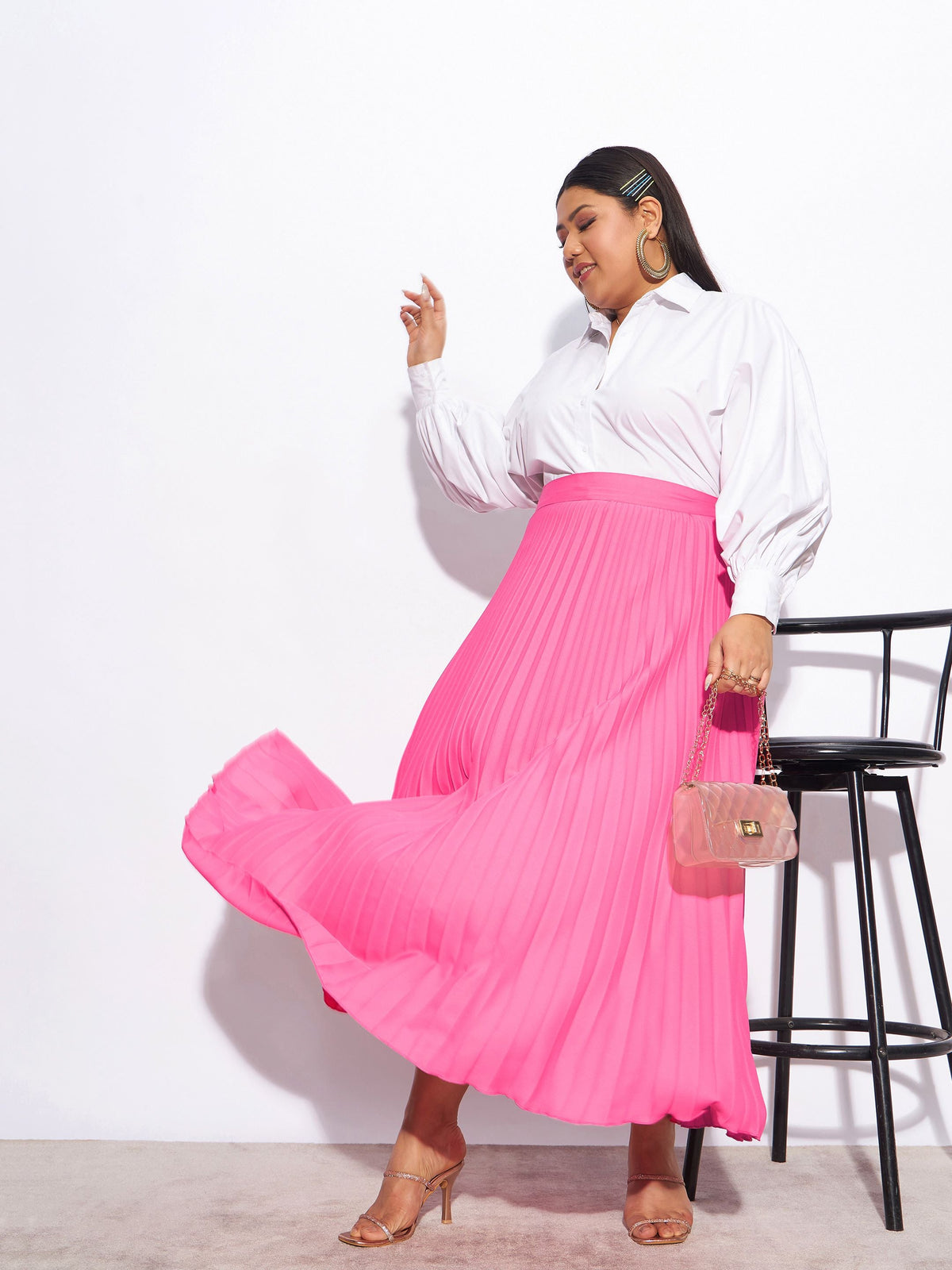 Pink Accordion Pleated Skirt-SASSAFRAS Curve
