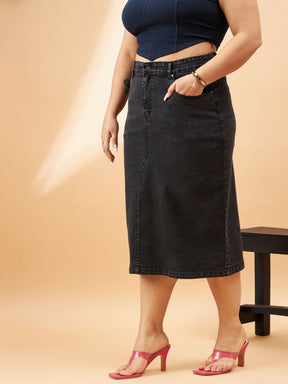 Black Denim Acid Wash A-Line Skirt-SASSAFRAS Curve