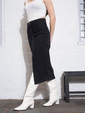 Black Denim Front Zipper Skirt-SASSAFRAS