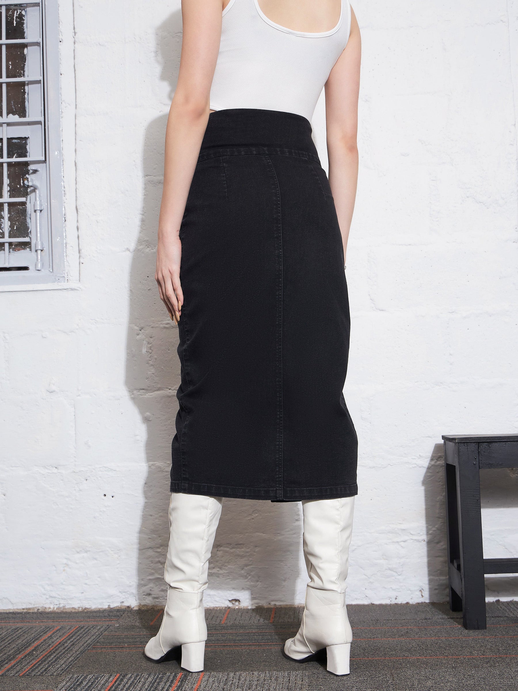 Black Denim Front Zipper Skirt-SASSAFRAS