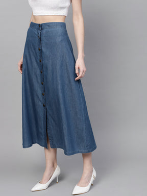 Blue Denim Longline Buttoned Skirt