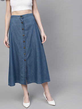Blue Denim Longline Buttoned Skirt