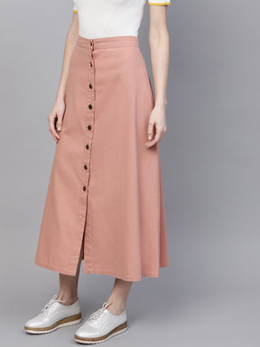 Pink Denim Longline Buttoned Skirt