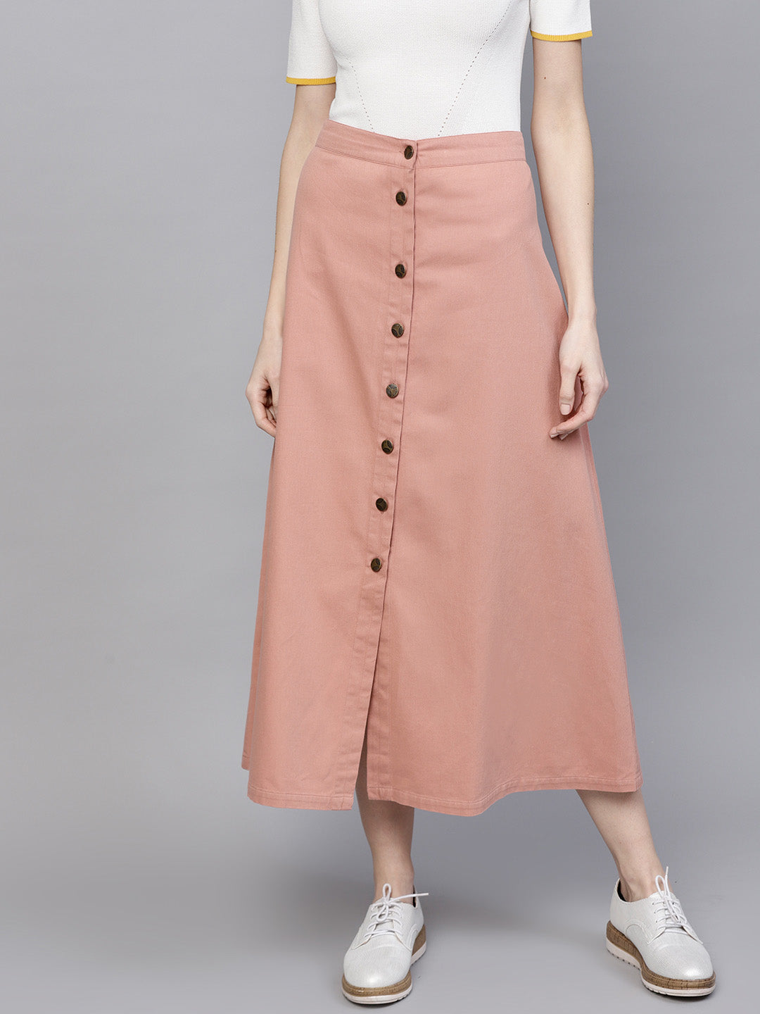 Pink Denim Longline Buttoned Skirt