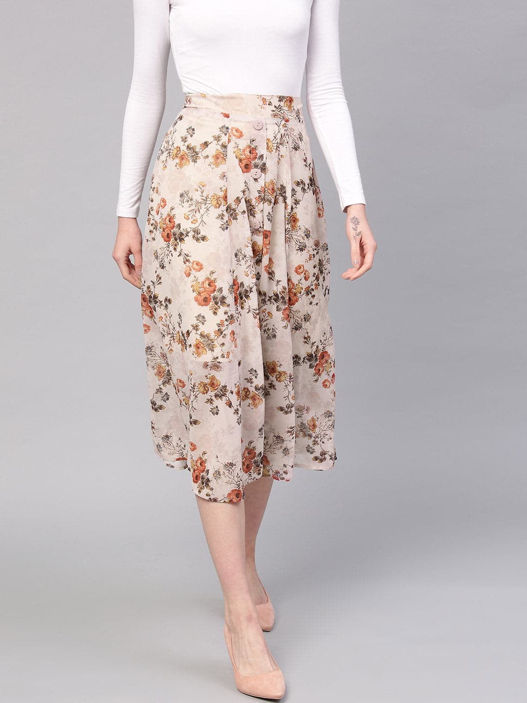 Taupe Floral A-Line Skirt-Skirts-SASSAFRAS