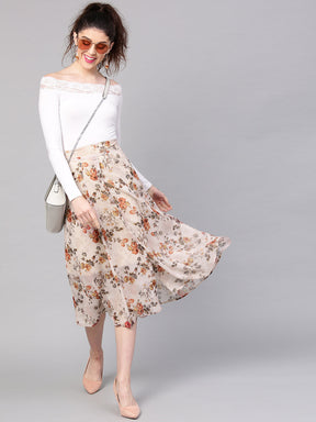 Taupe Floral A-Line Skirt