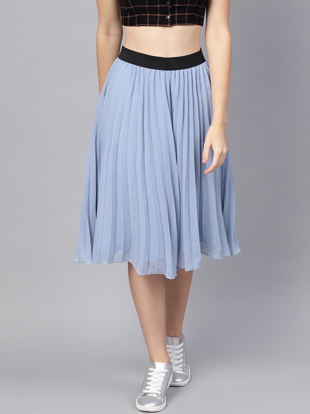Blue Pleated Flared Midi Skirt-Skirts-SASSAFRAS