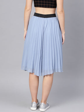 Blue Pleated Flared Midi Skirt