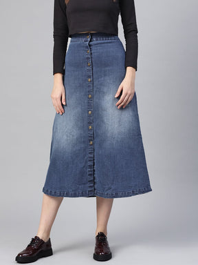 Denim Blue Washed Long Buttoned Skirt-Skirts-SASSAFRAS