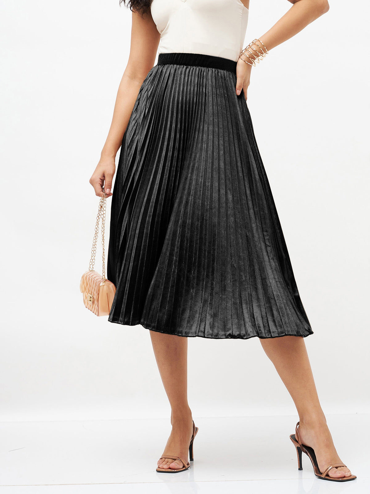Black Velvet Pleated Skirt-SASSAFRAS