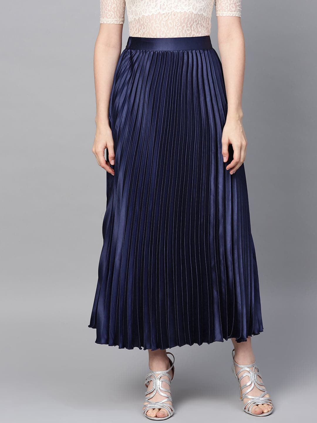 Blue Satin Pleated Maxi Skirt-Skirts-SASSAFRAS