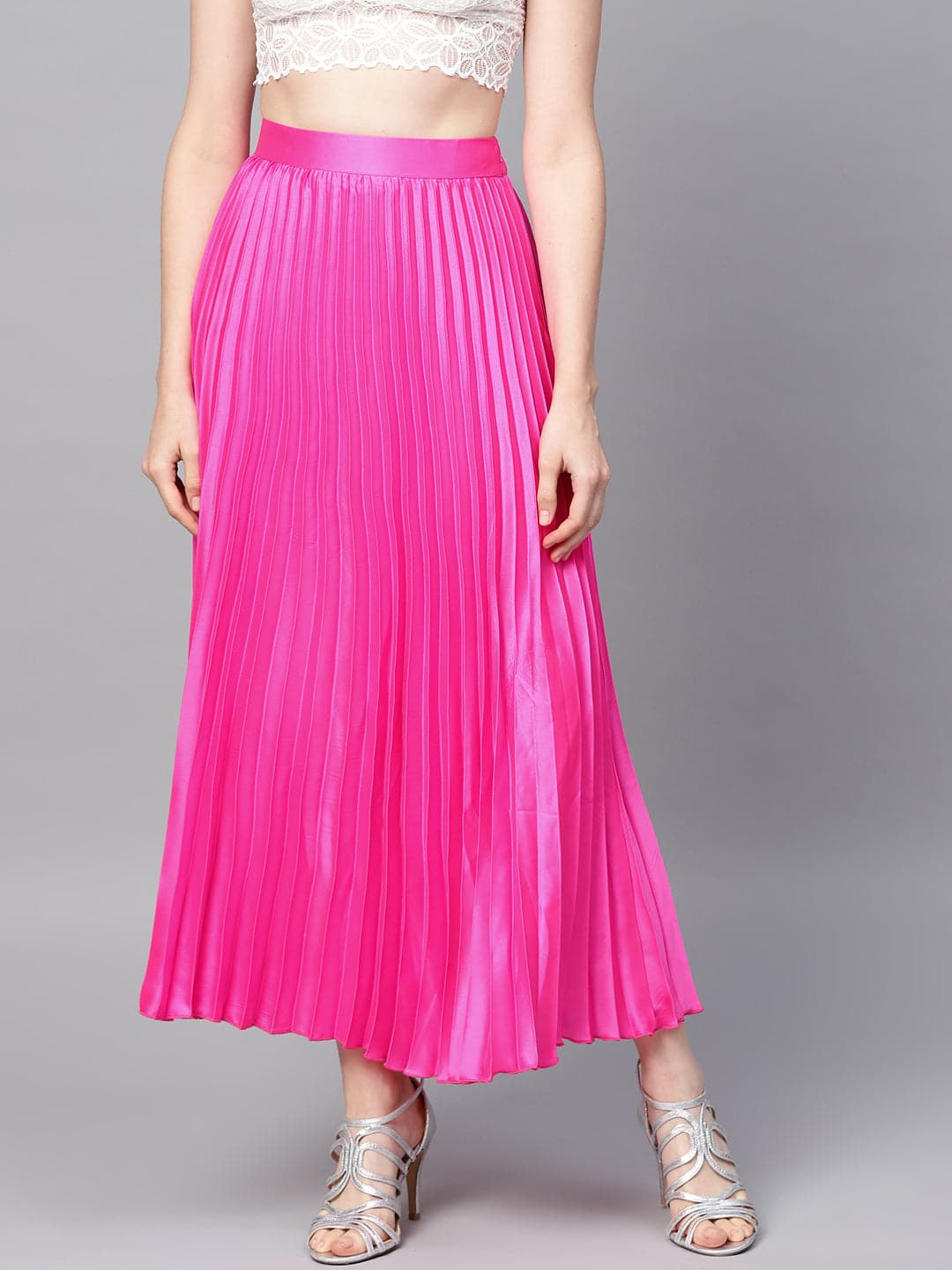 Pink Satin Pleated Maxi Skirt-Skirts-SASSAFRAS