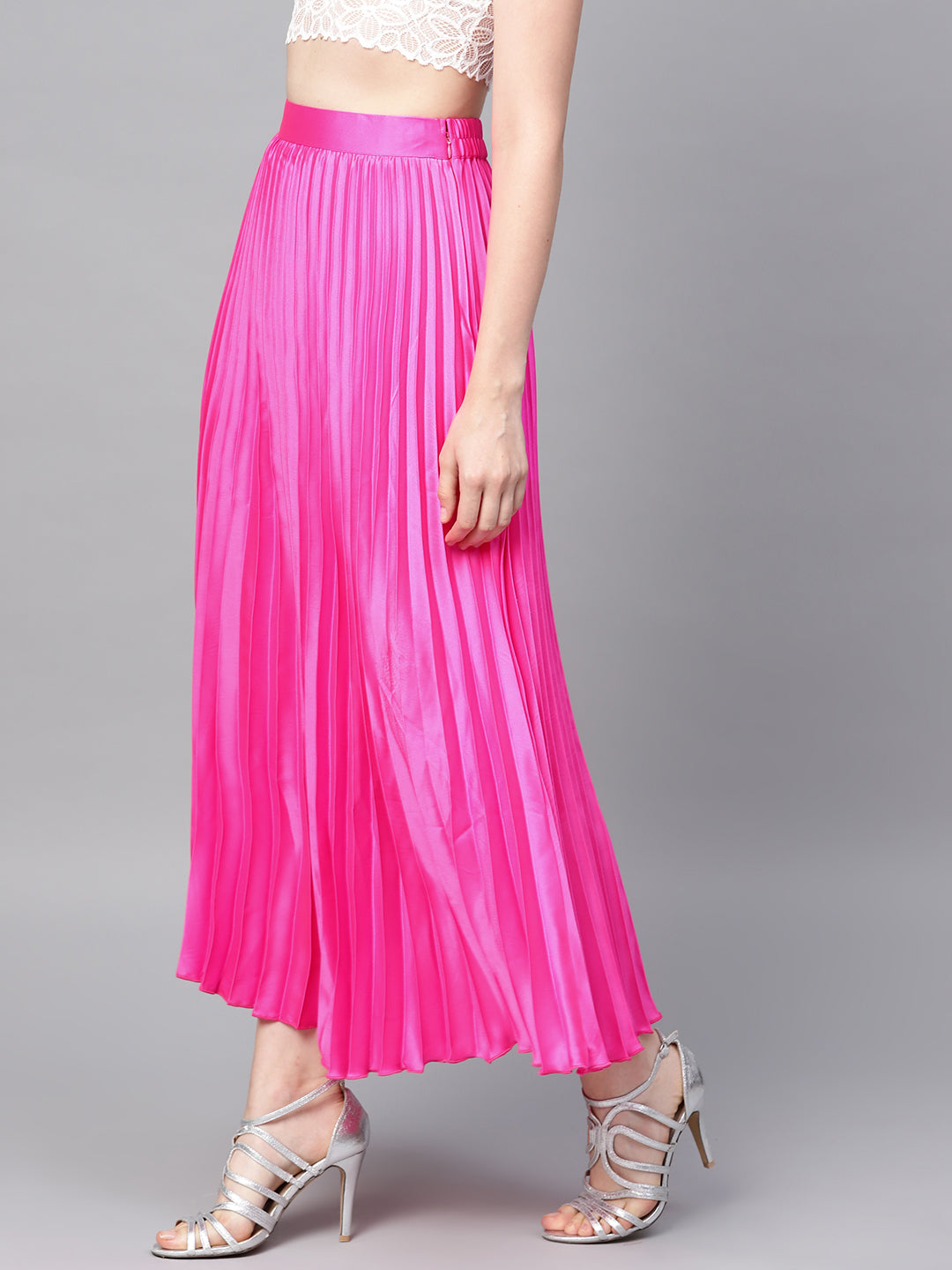 Pink Satin Pleated Maxi Skirt