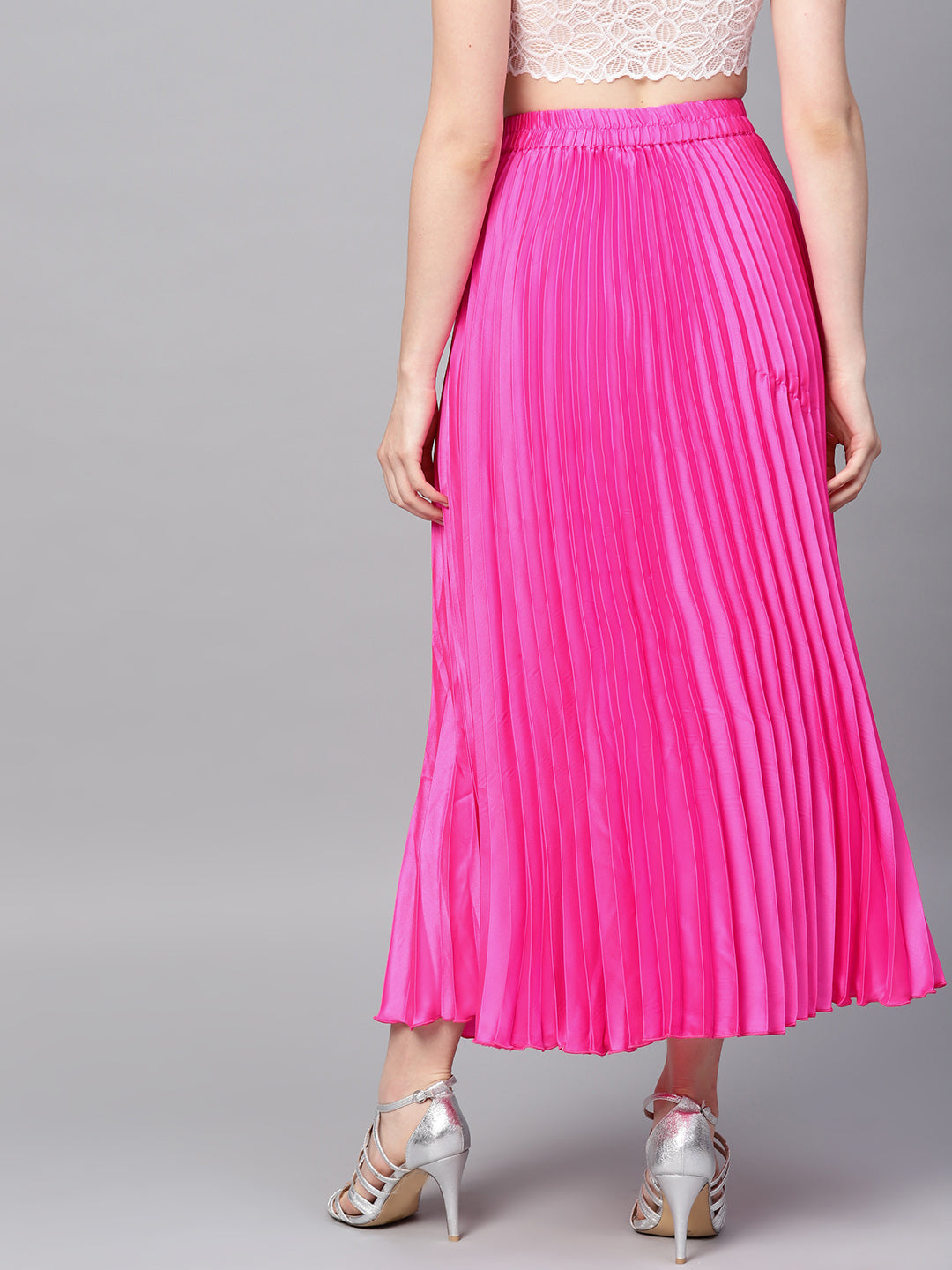 Pink Satin Pleated Maxi Skirt