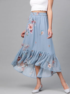Pale Blue Floral Tiered High Low Skirt-Skirts-SASSAFRAS
