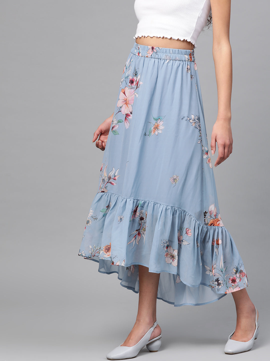 Pale Blue Floral Tiered High Low Skirt