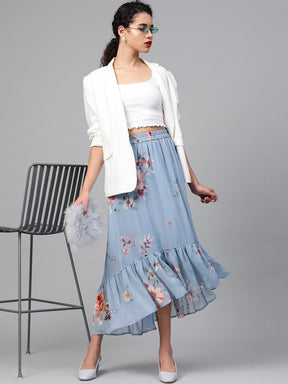 Pale Blue Floral Tiered High Low Skirt