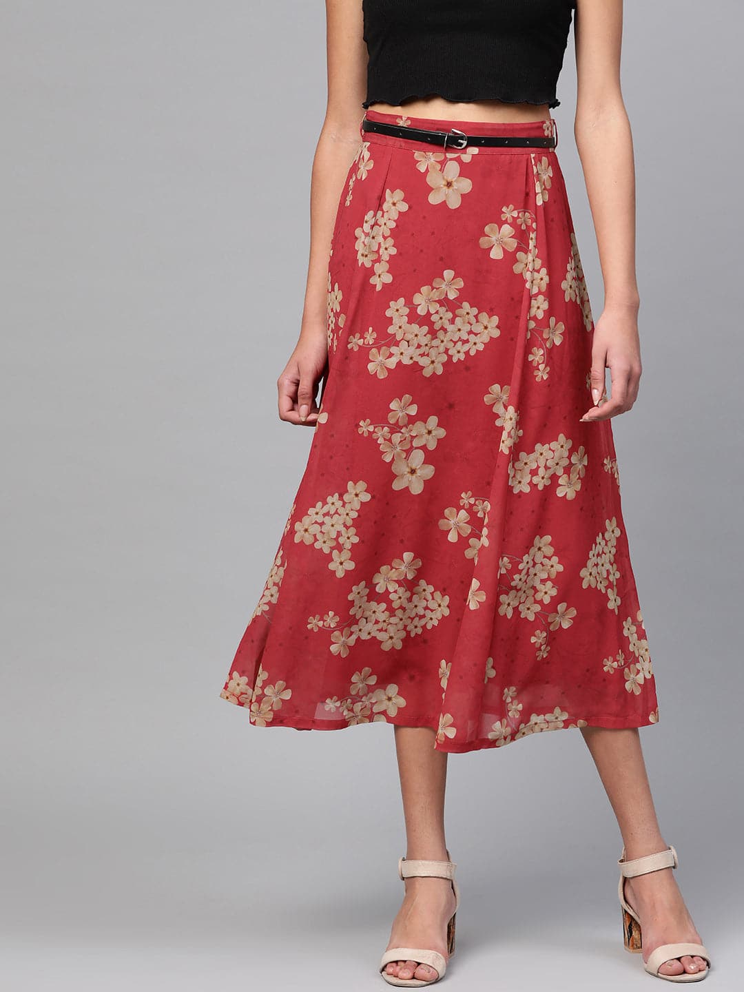 Red Floral Flared Skirt-Skirts-SASSAFRAS