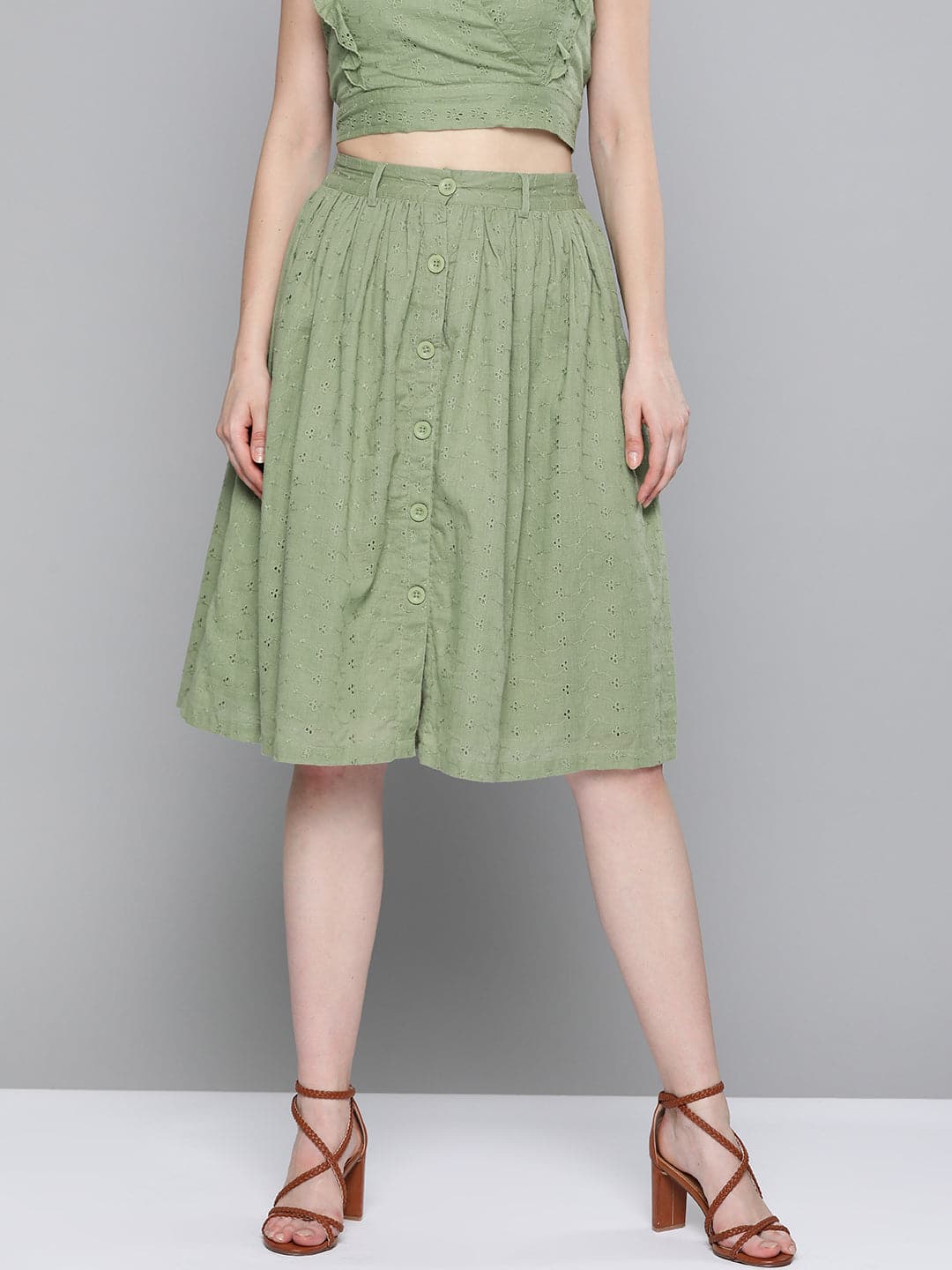Olive Schiffli Buttoned Skirt-Skirts-SASSAFRAS