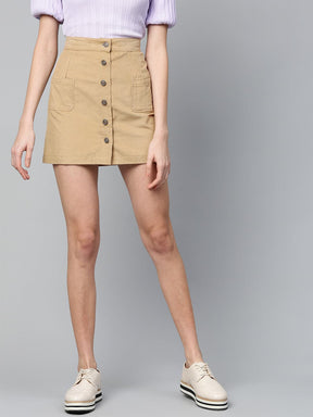 Beige Corduroy Button Down Mini Skirt-Skirts-SASSAFRAS