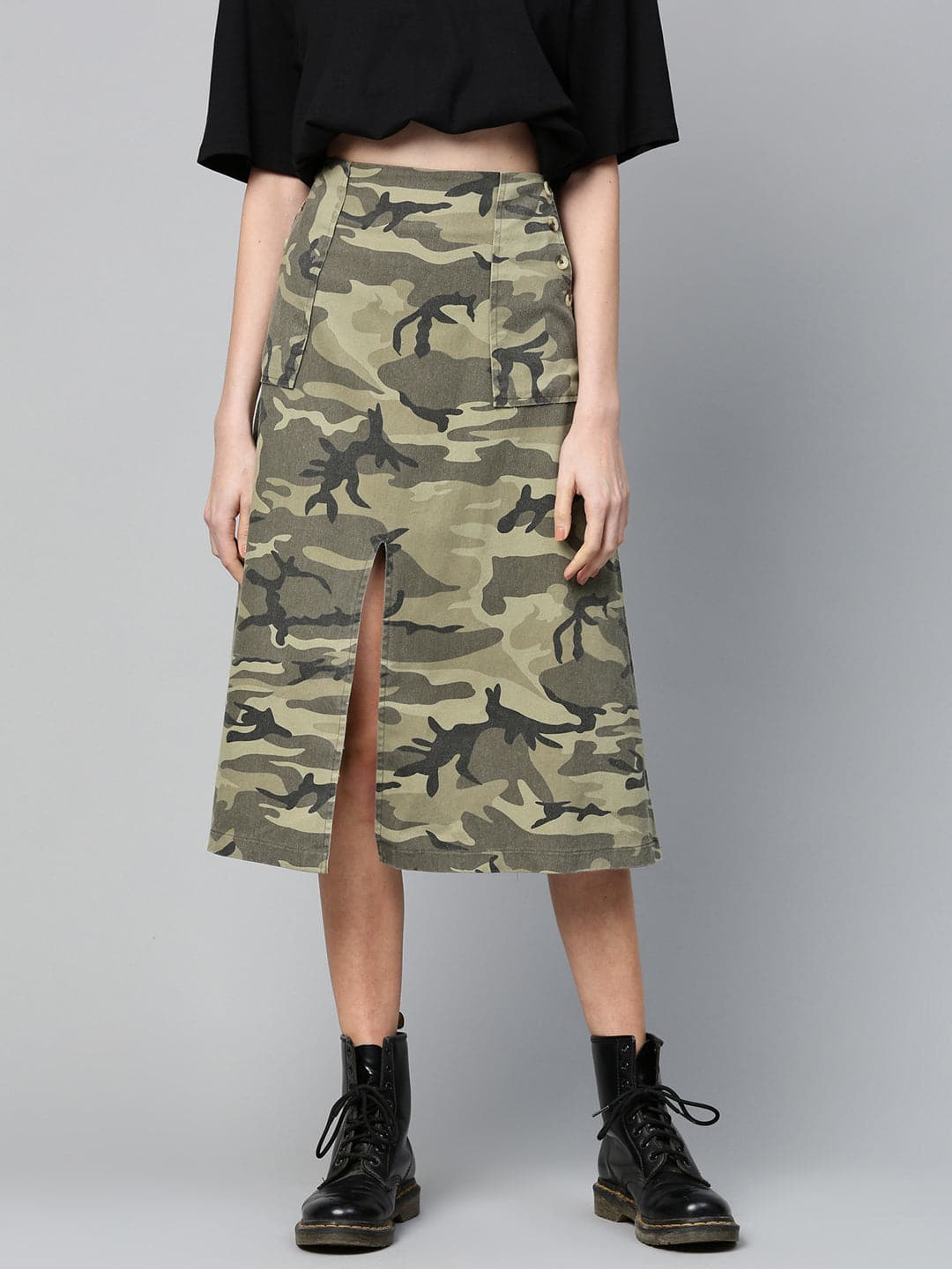 Green Camouflage Twill Front Slit Skirt-Skirts-SASSAFRAS