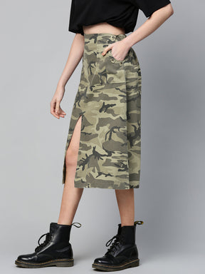 Green Camouflage Twill Front Slit Skirt