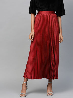 Red Satin Pleated Maxi Skirt-Skirts-SASSAFRAS
