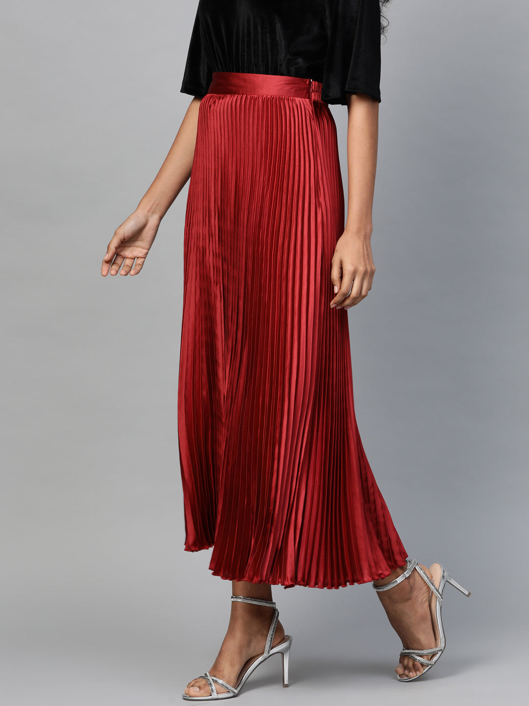 Red Satin Pleated Maxi Skirt