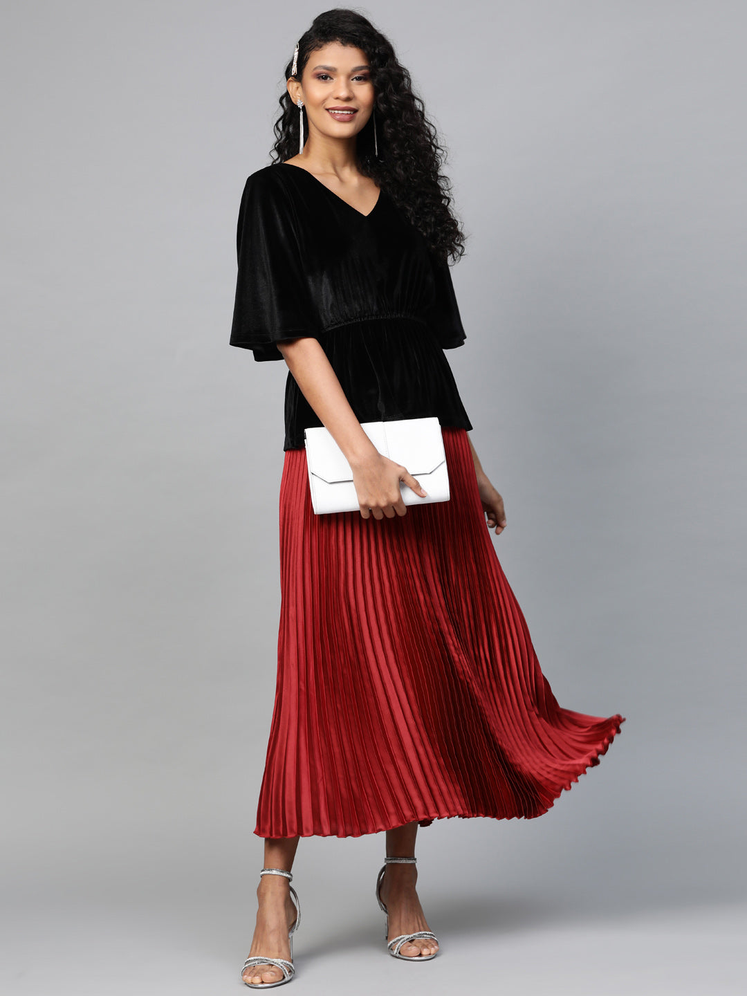 Red Satin Pleated Maxi Skirt