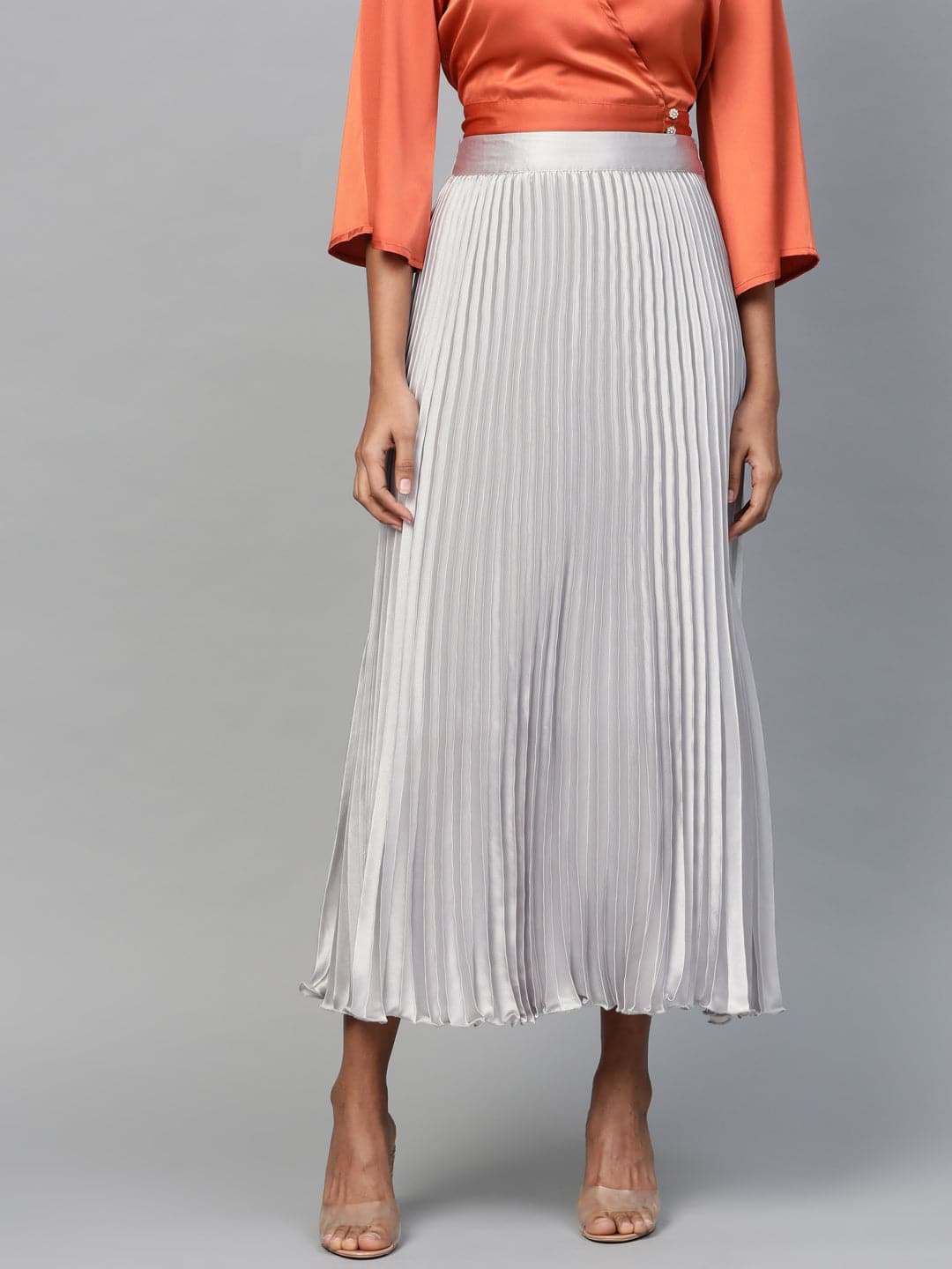 Grey Satin Pleated Maxi Skirt-Skirts-SASSAFRAS
