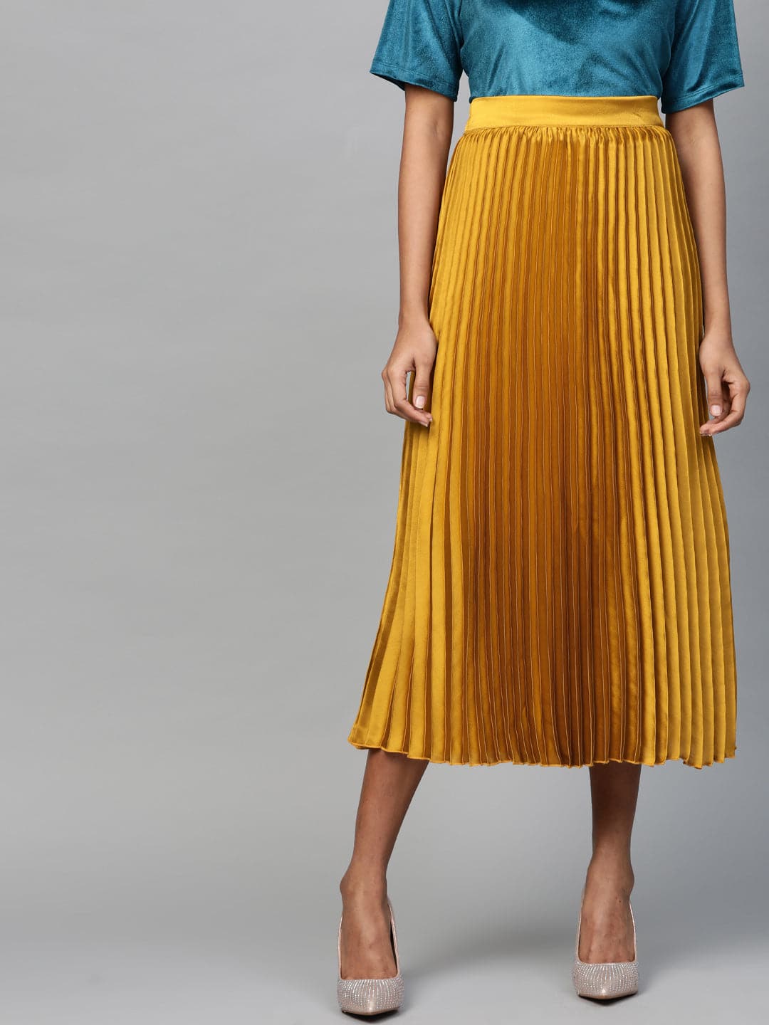 Mustard Satin Pleated Midi Skirt-Skirts-SASSAFRAS