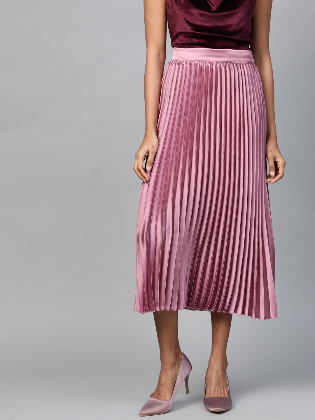 Lavender Satin Pleated Midi Skirt-Skirts-SASSAFRAS