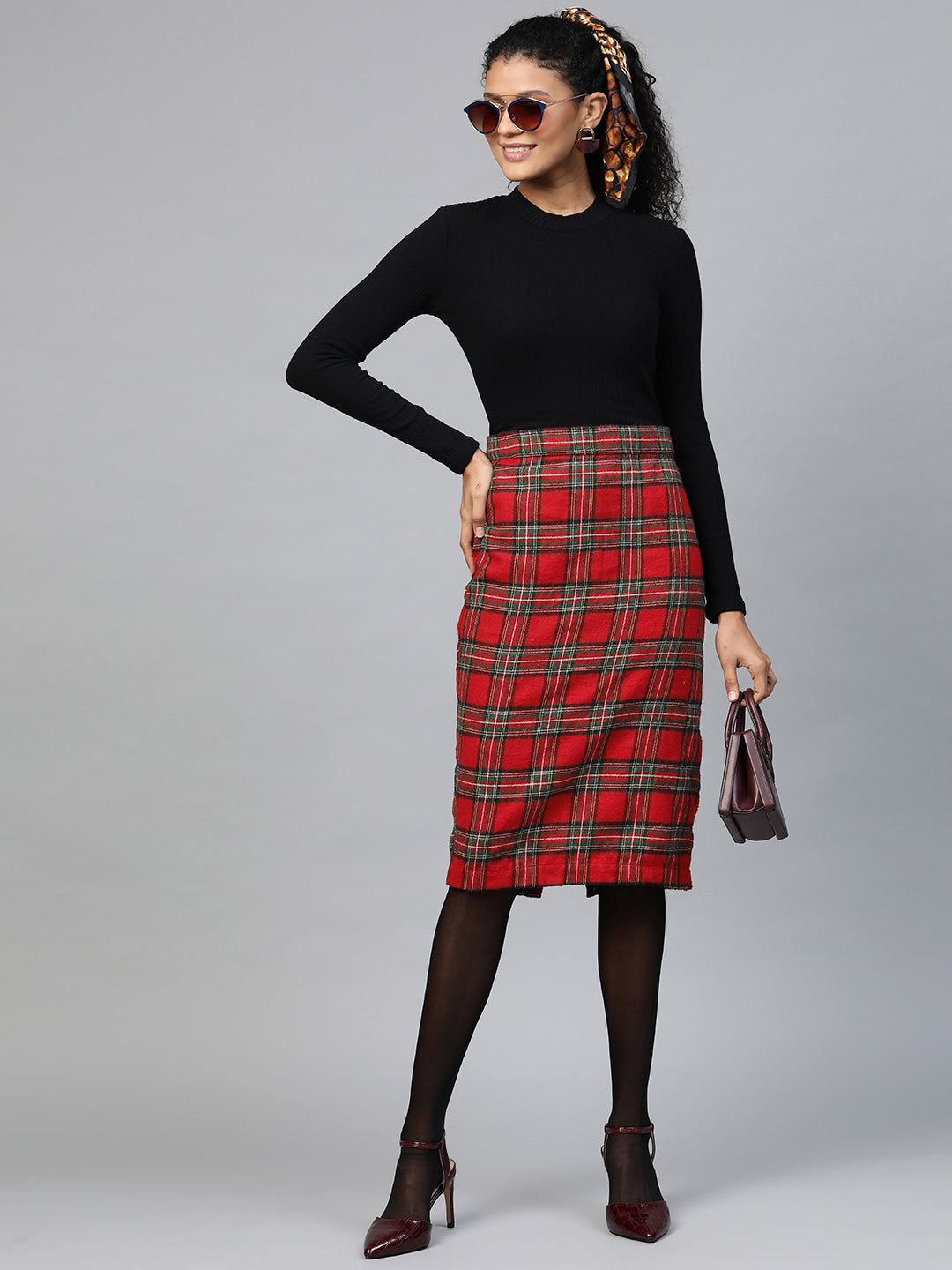 Red Check Pencil Skirt