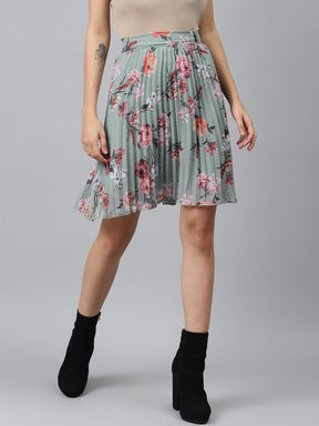 Olive Floral Pleated Mini Skirt-Skirts-SASSAFRAS