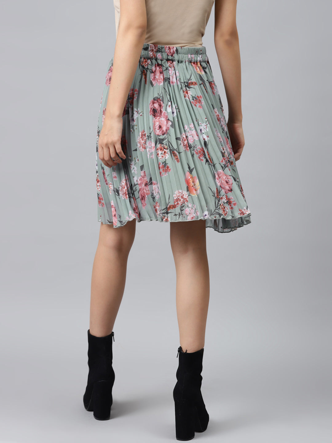 Olive Floral Pleated Mini Skirt