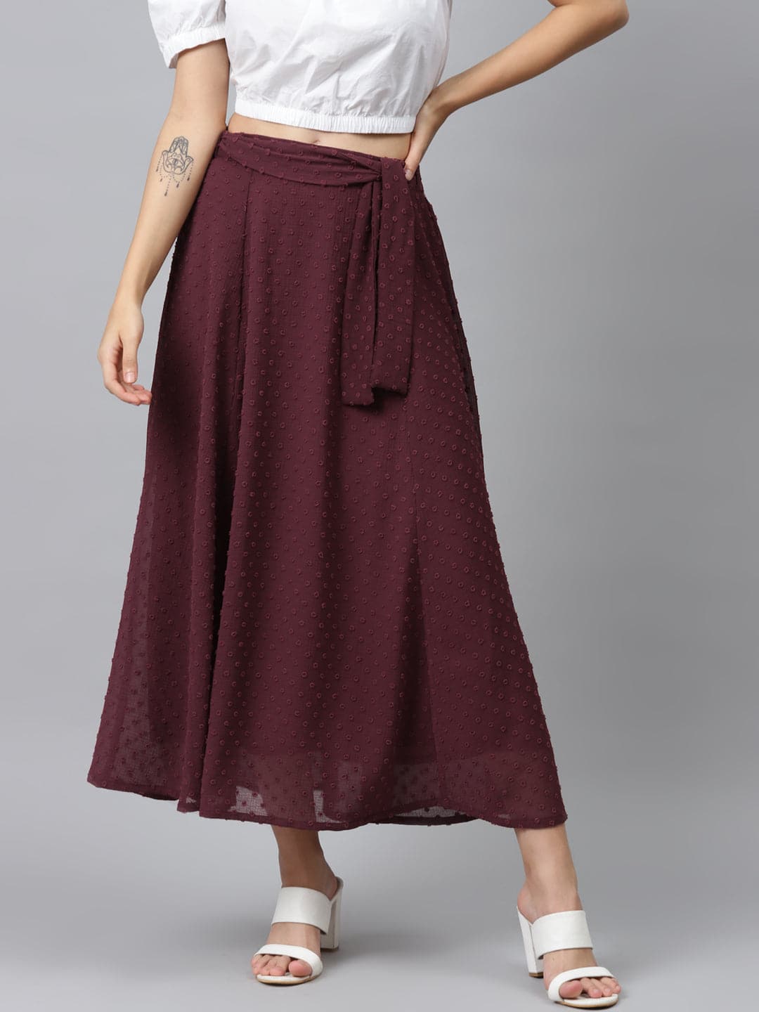 Burgundy Dobby Flared Skirt-Skirts-SASSAFRAS