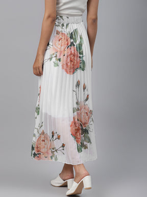 White Floral Pleated Maxi Skirt