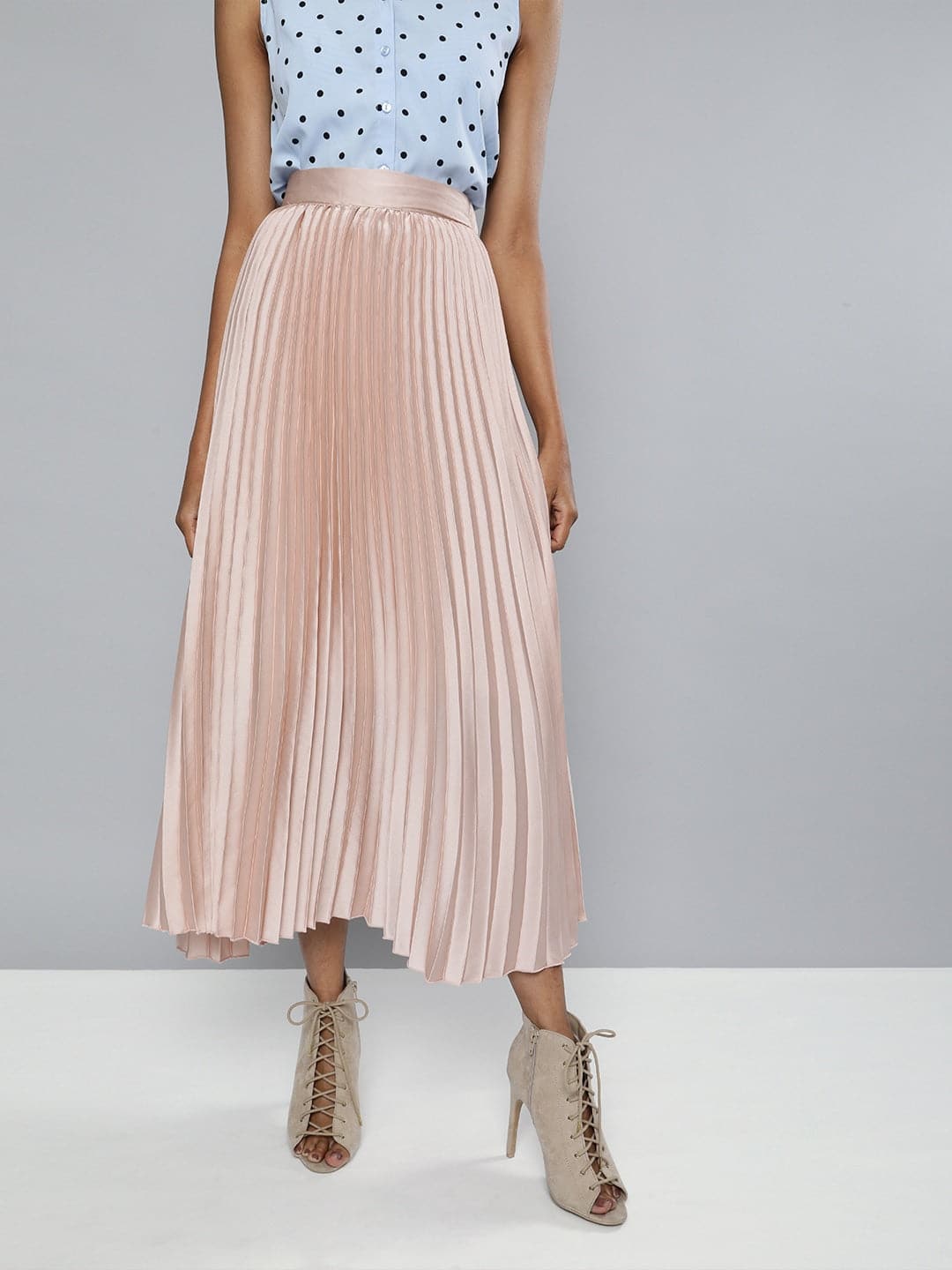 Champagne Pink Satin Pleated Maxi Skirt-Skirts-SASSAFRAS