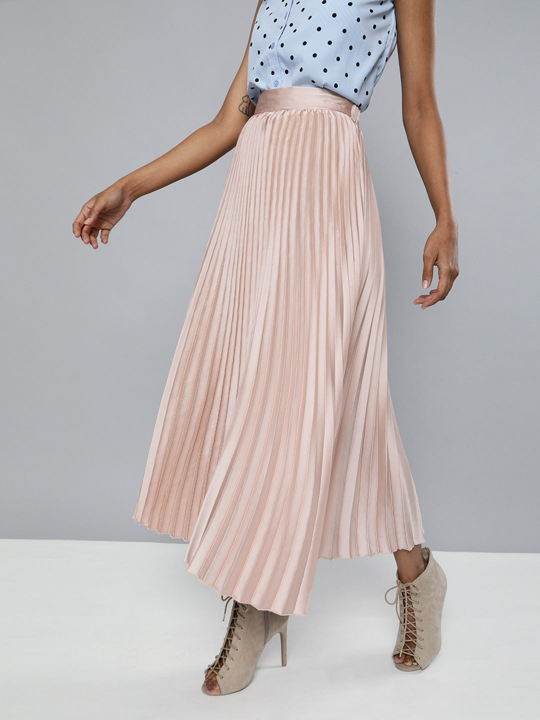 Champagne Pink Satin Pleated Maxi Skirt