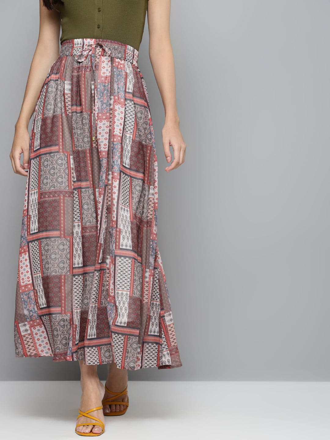 Brown Patch Print Flared Maxi Skirt-Skirts-SASSAFRAS