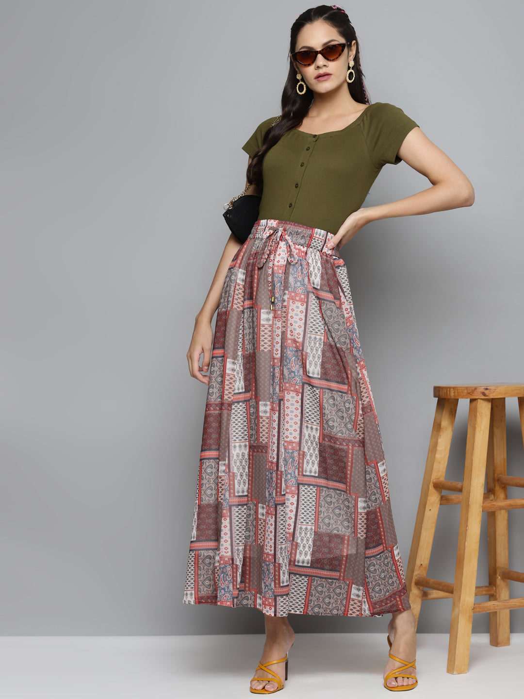 Brown Patch Print Flared Maxi Skirt